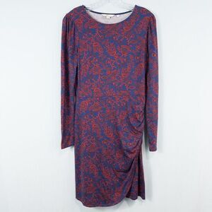 Boden Ruched Jersey‎ Mini Dress Size US 4R Floral Tulip Long Sleeve Blue Red